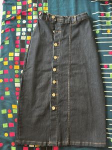 Button Front Denim Midi Skirt