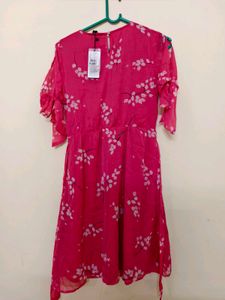 Pink Floral Chiffon Midi Dress