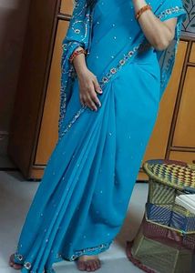 Elegant Sky Blue Embellished Saree combo