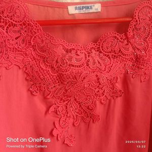 Coral Lace Trim Blouse