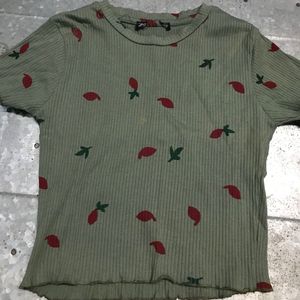 Olive Ribbed Tee with Botanical Print