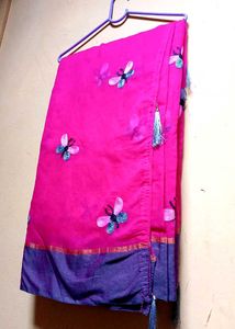 Pink Butterfly Cotton Silk Saree With Gray Blouse