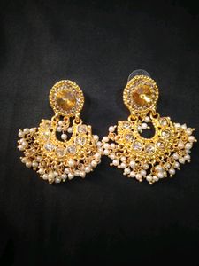 Gold Plated Bridal White Stone Earrings Maang Tika