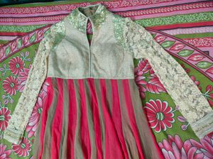 Pink And Golden Anarkali Dress