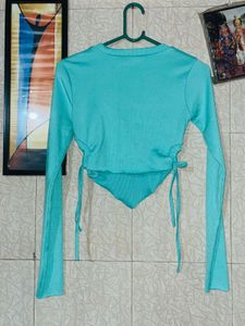 Mint Green Ruched Hem Stylish Ribbed Top