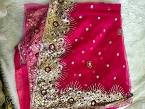 Sequence work pink netted saree
