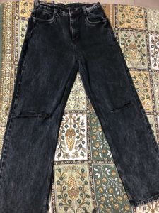High Waist Knee Ribbed Black Wide Leg Denim