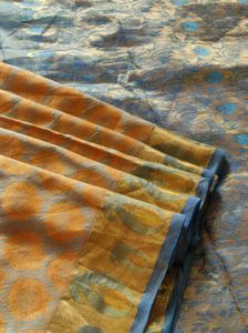 Elegant yellow And blue korvai silkSaree