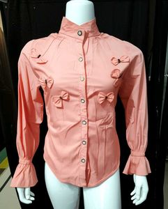 Peach Bow Button-Down Top