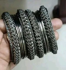 Fancy Oxidised Silver Black Plated Bangle Set