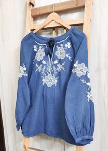 Blue Embroidered Peasant Top size-46