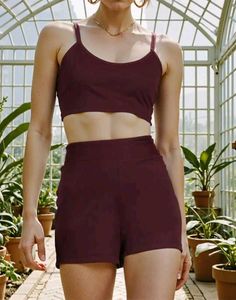 Sleeveless Ribbed Wine Crop Cami Top with Short