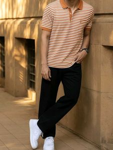 (Size~XL)Brown and white striped polo t-shirt🍋‍🟩