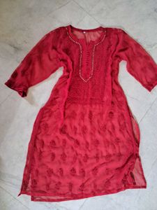 Brand New Red Chikankari Kurta With Mirror Work