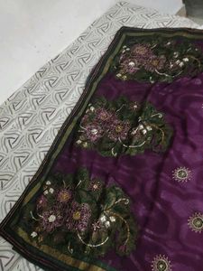 Purple and Green Embroidered Saree