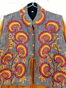New Kurta With Embroidered Jacket Yellow