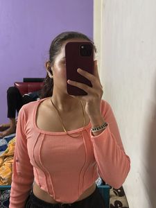 Coral Ribbed Long Sleeve Top