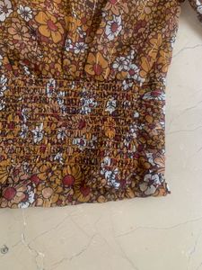 Brown Floral Snatched-Waist Blouse