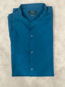 Stylish Blue Mandarin Collar Shirt