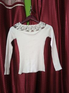 Off White Lace Work Winter Wear