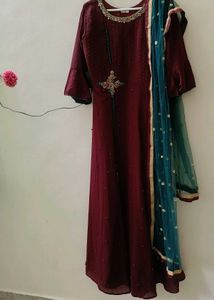 Maroon Gown With Net Dupatta