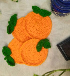 Orange Crochet Coasters (Set of 4) with keychain