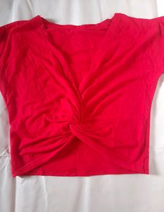 Red Cropped Twist Tied Top Xs Girl Fitted Crop Tee