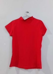 Bold Red Solid Mock Neck Fitted T-Shirt