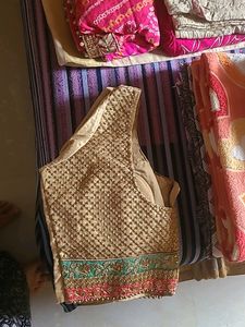 EMBELLISHED SILK LEHENGA IN PINK GREEN AND GOLDEN