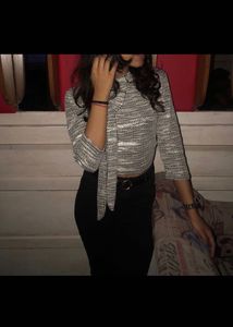 Off White Top, Black Cut Out With Glitter On I