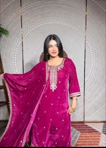 Magenta Velvet Embroidered Kurta Set