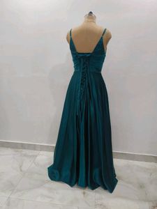 Elegant Teal Satin Gown with Slit