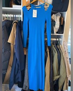 Zara Pointelle Blue Stretch Cold Shoulder Bodycon