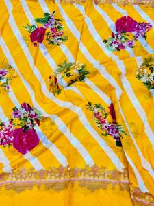 Yellow Floral &amp; Striped Unstitched Suit