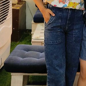Blue Mock Neck Tank &amp; High-Waisted Jeans