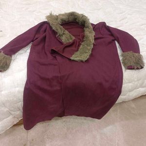 Burgundy Coat with Faux Fur Trim