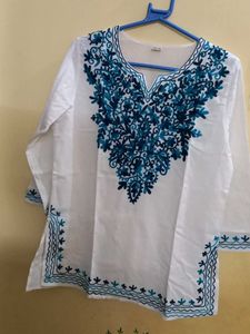 Elegant White & Blue Embroidered Kurti