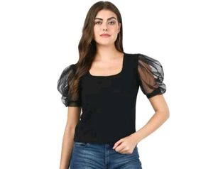 Solid Black Top with Puffed Net Sleeves