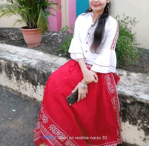 White Top And Red Side Cut Long Skirt (Ethnic Wear