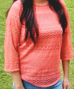 Coral Colour Net Top 💖