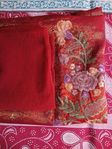 Red Embroidered Unstitched  Suite