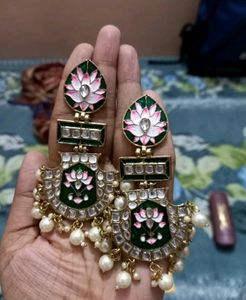 Lotus Green And Pink Meena Kundan Chandbali
