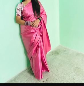 Pink Satin Saree with Floral Blouse