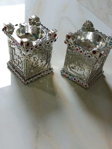 Silver Plated Swastik Unique Diya Set