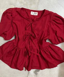 Red Tie Top with Puff Sleeves
