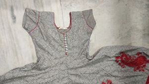Red 🍒 &amp; Grey Heavy Flare Cotton Anarkali Dress