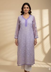 Lavender Embroidered Pure Chickenkari Kurta