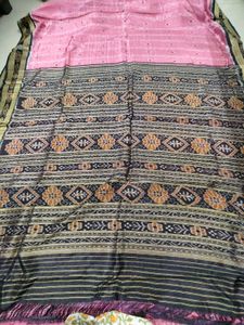 Pink &amp; Black Ikat Pattern Saree