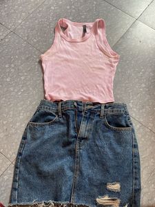 Pink Tank & Denim Mini Skirt