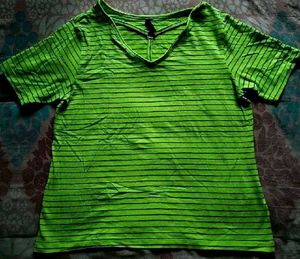 Neon Green Striped V-Neck Tee
